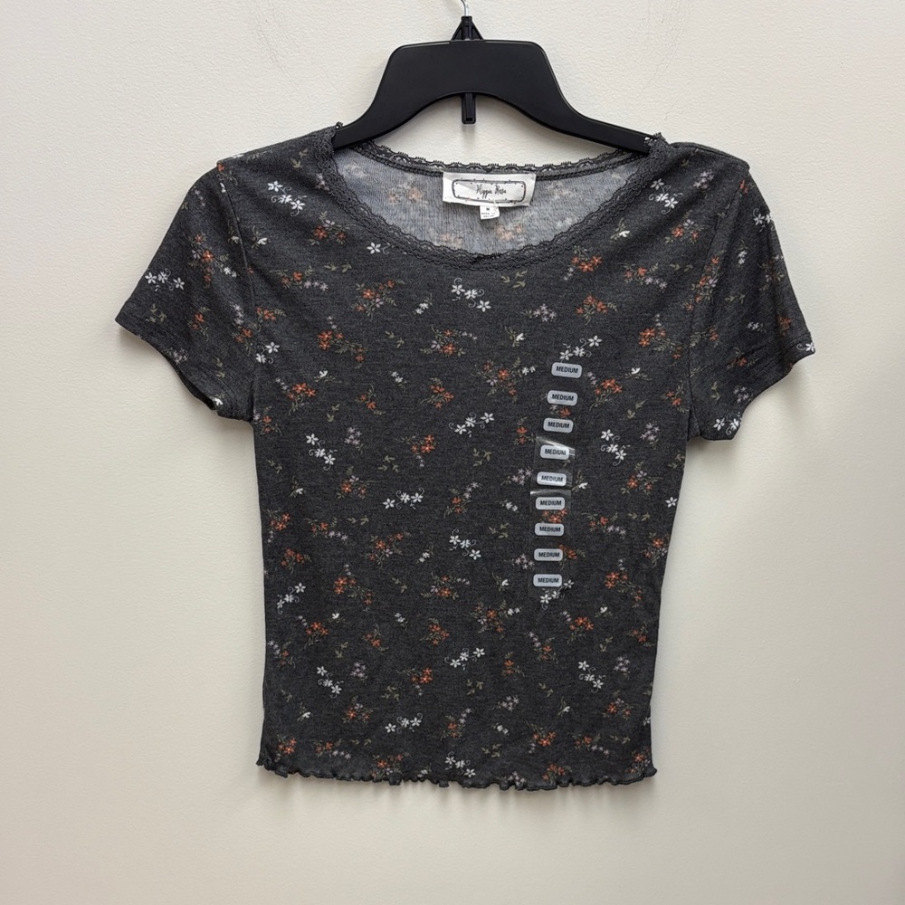 Hippie Rose Dark Gray Floral Lace-Trim Short Sleeve Tee